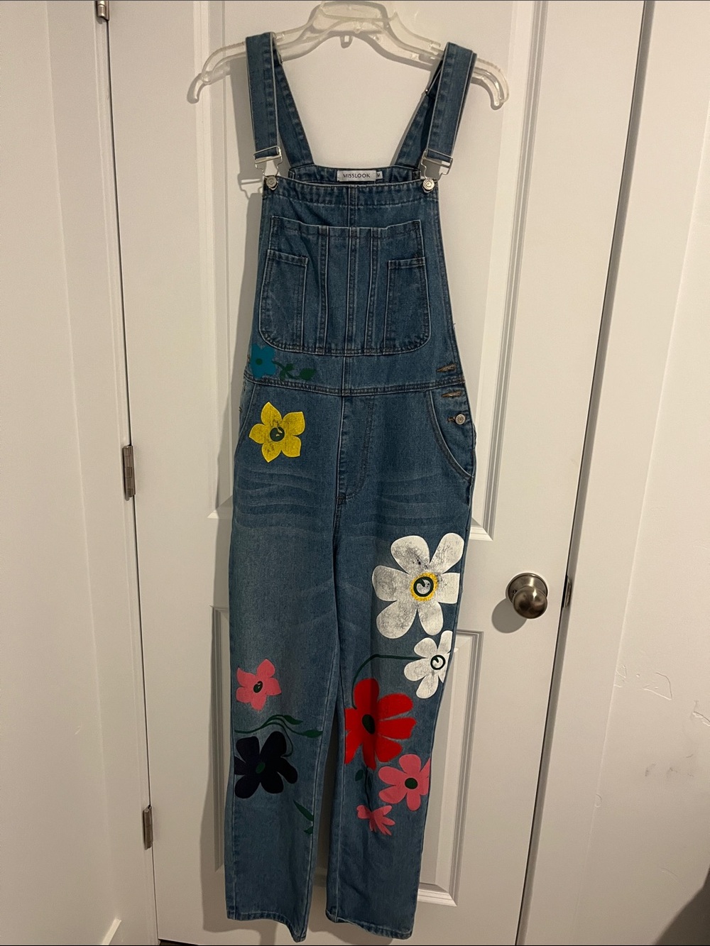 MISSLOOK Blue Denim Overalls with Multicolor Floral Prints